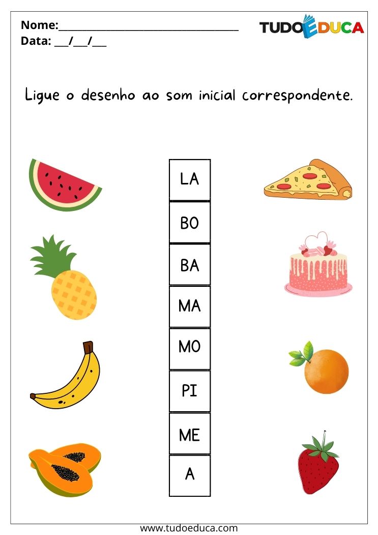 Atividade de português para alunos com dislexia ligue o desenho com a sílaba inicial para imprimir