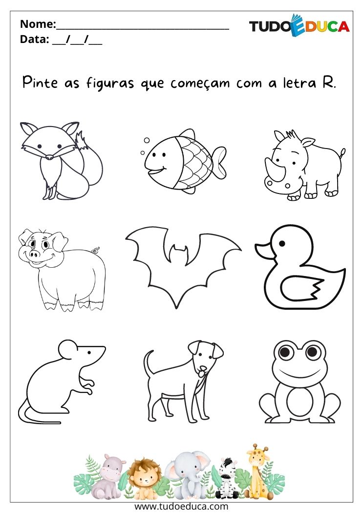 Atividade de português para alunos com dislexia pinte apenas as figuras que começam com a letra R para imprimir