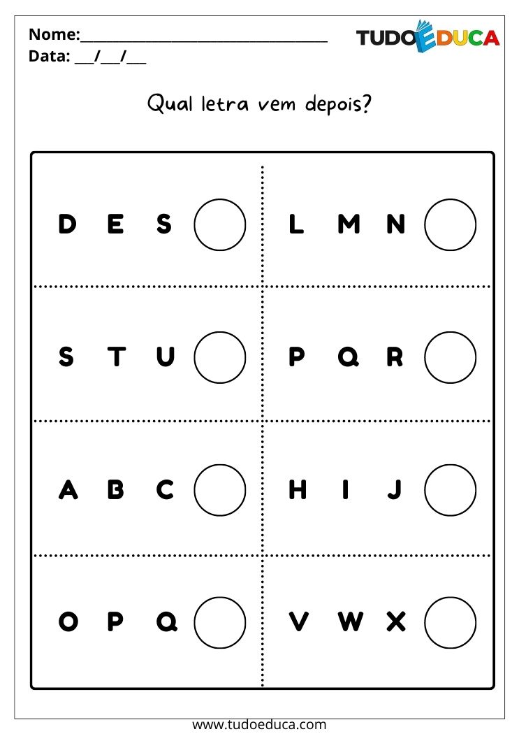 Atividade de português para alunos com dislexia qual letra vem depois para imprimir