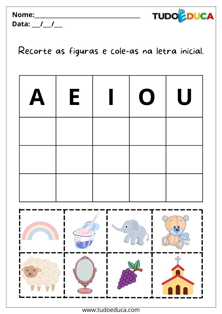 Atividade de português para alunos com dislexia recorte as figuras e cole na letra inicial para imprimir