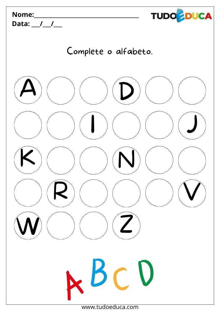 Atividade de português para alunos com síndrome de down complete o alfabeto para imprimir