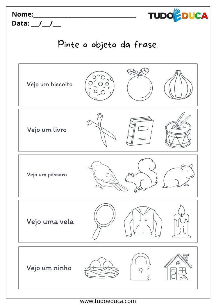 Atividade de português para alunos com síndrome de down pinte o objeto da frase para imprimir