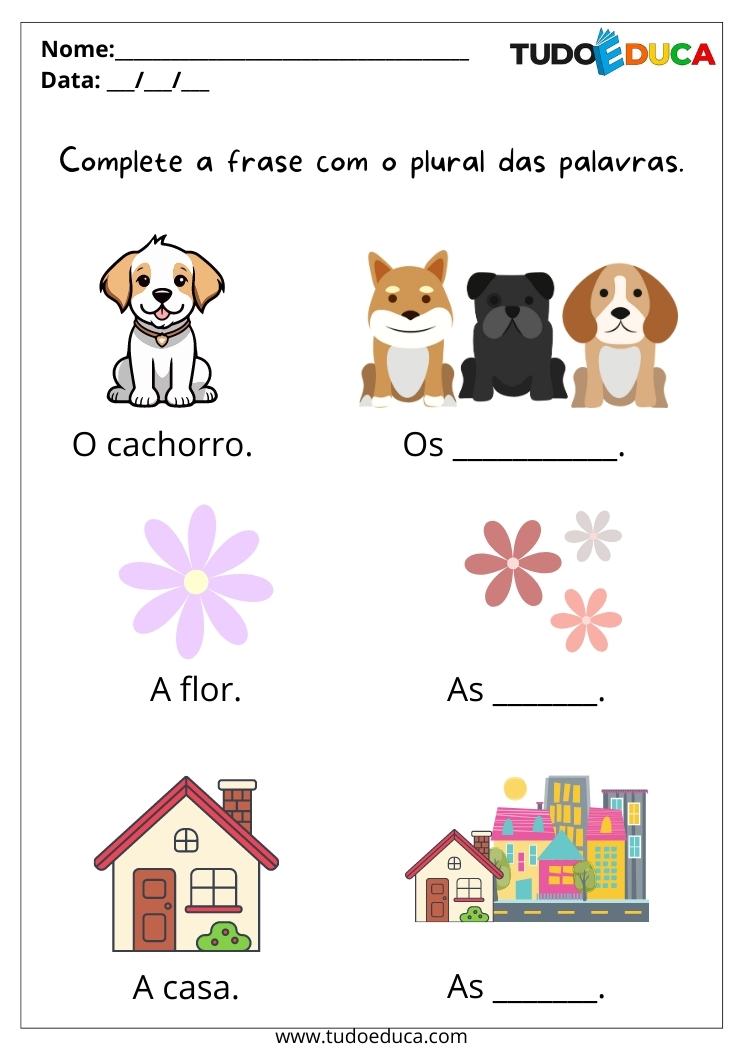 Atividade de português para alunos especiais complete a frase com o plural da palavra para imprimir