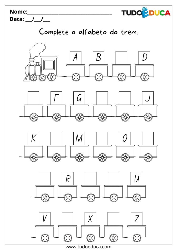 Atividade de português para alunos especiais complete o alfabeto do trem para imprimir