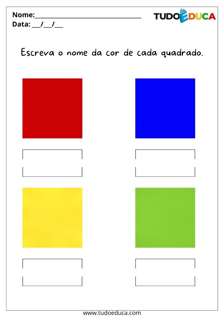 Atividade para Autismo escreva o nome da cor de cada quadrado