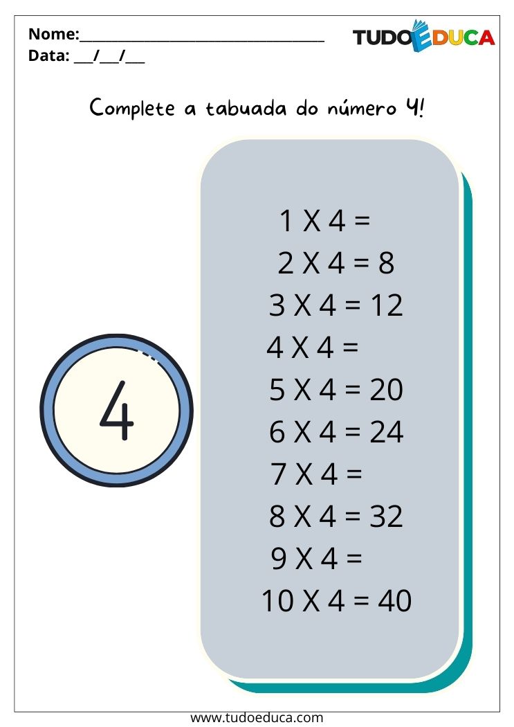 Atividades de matemática para alunos com TDAH complete a tabuada do número 4 para imprimir