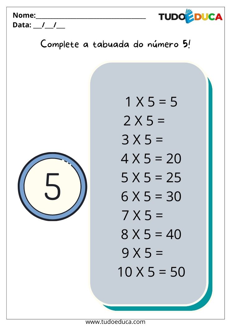 Atividades de matemática para alunos com TDAH complete a tabuada do número 5 para imprimir