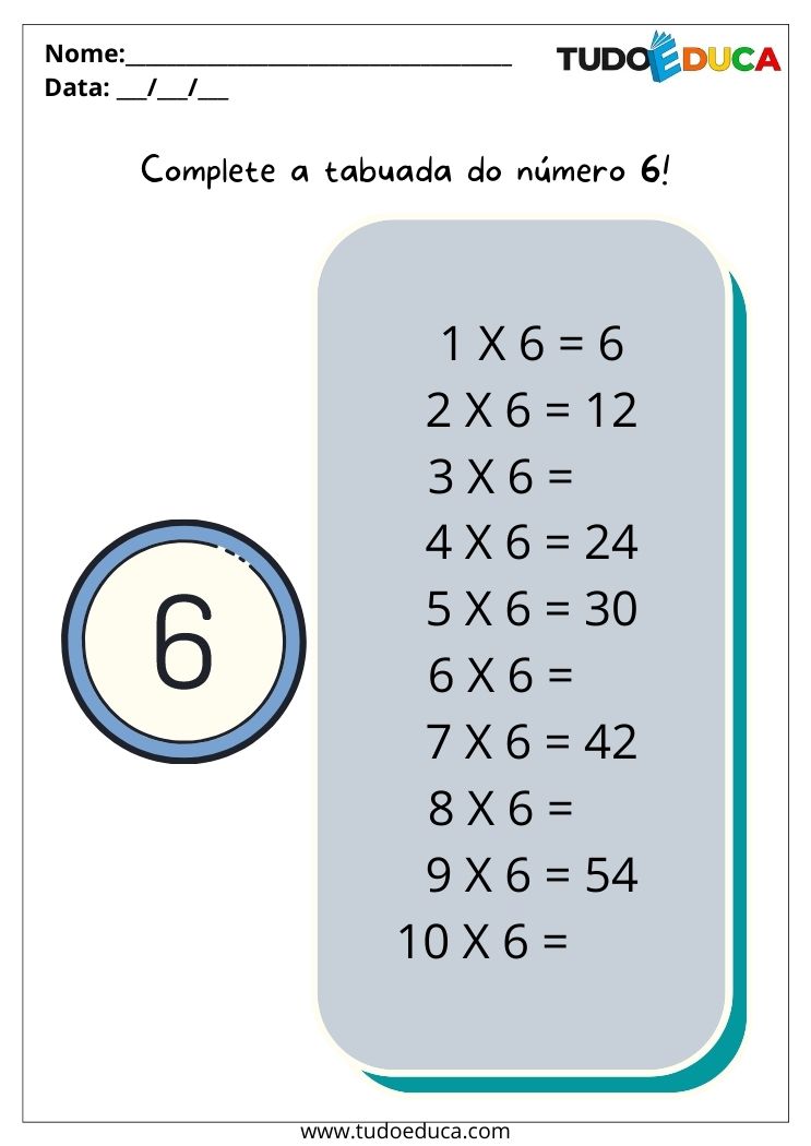 Atividades de matemática para alunos com TDAH complete a tabuada do número 6 para imprimir
