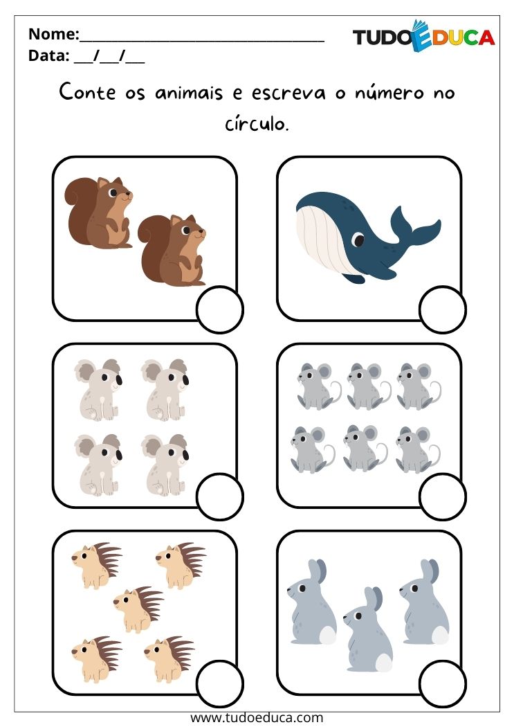 Atividades de matemática para alunos com TDAH conte os animais e escreva a quantidade para imprimir