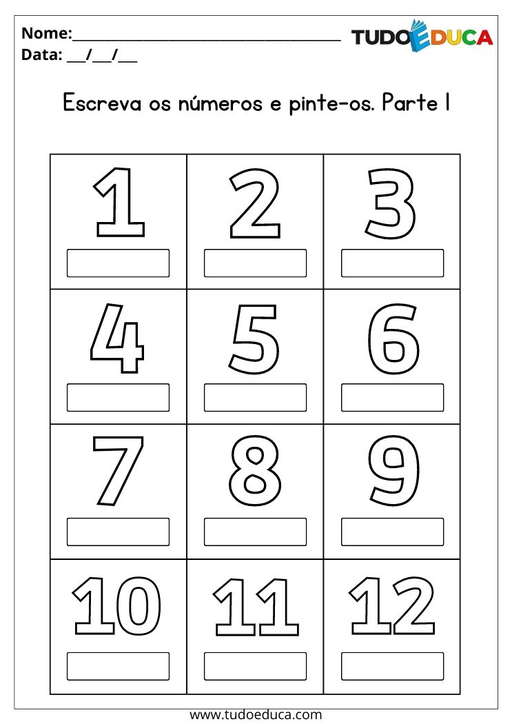 Atividades de matemática para alunos com TDAH escreva os números de 1 ao 12 para imprimir