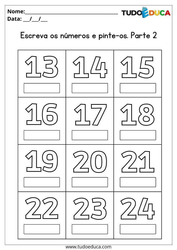 Atividades de matemática para alunos com TDAH escreva os números de 13 ao 24 para imprimir