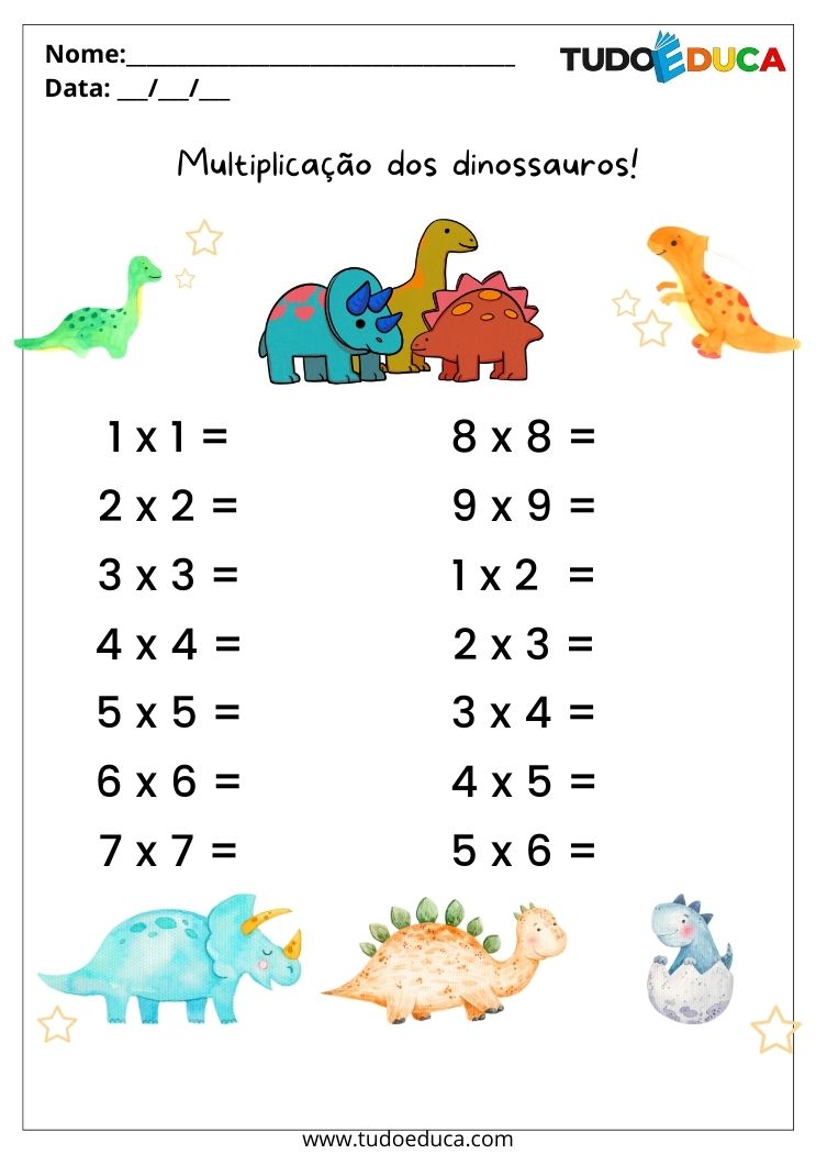 Atividades de matemática para alunos com TDAH multiplicação dos dinossauros para imprimir