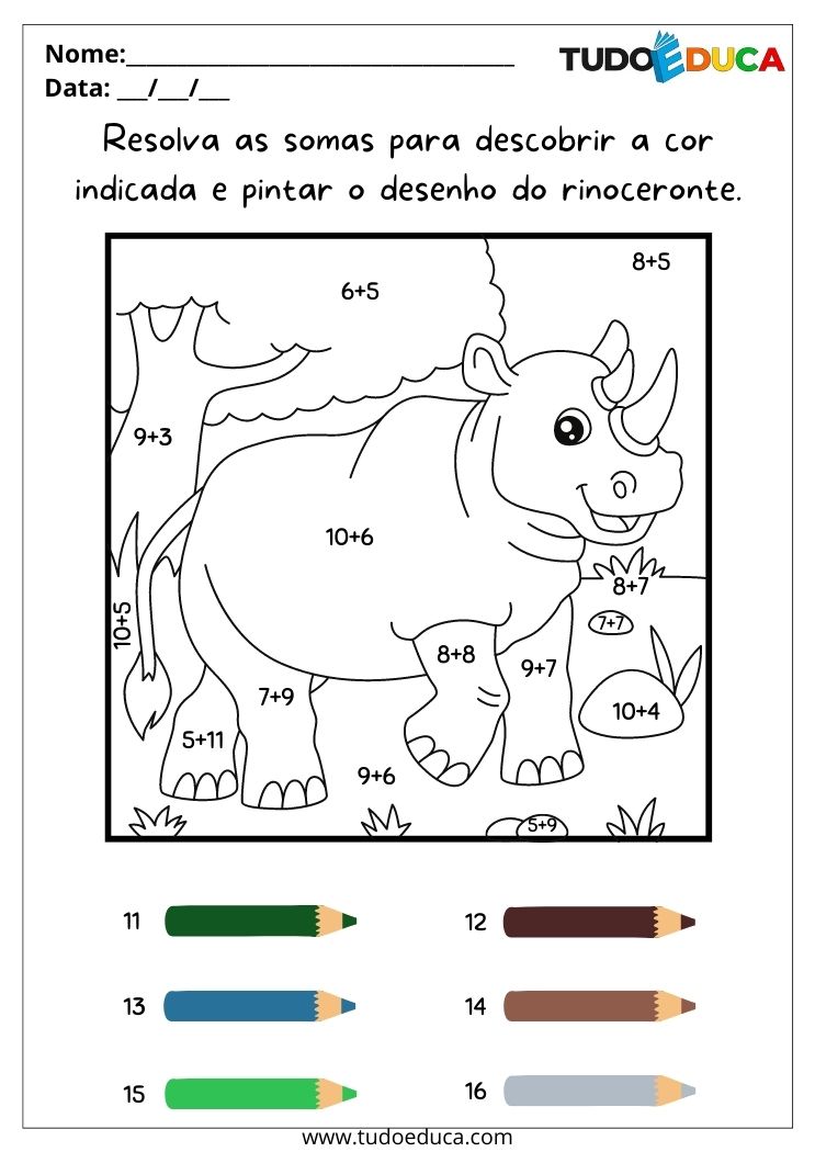 Atividades de matemática para alunos com TDAH pinte o rinoceronte de acordo com as somas para Imprimir