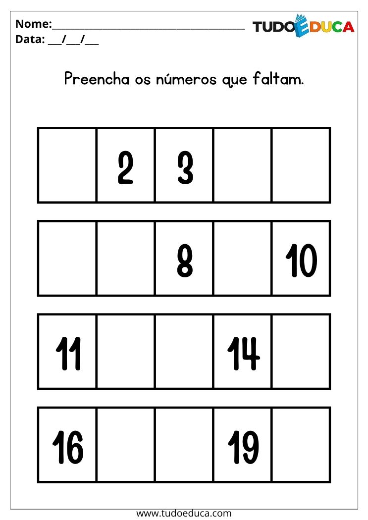 Atividades de matemática para alunos com TDAH preencha os quadrados com os números que faltam para imprimir
