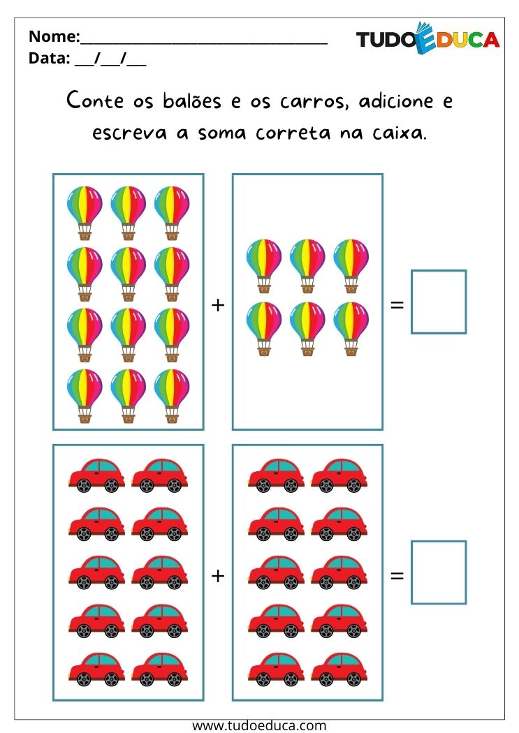 Atividades de matemática para alunos com deficiência intelectual conte os balões e carros para imprimir