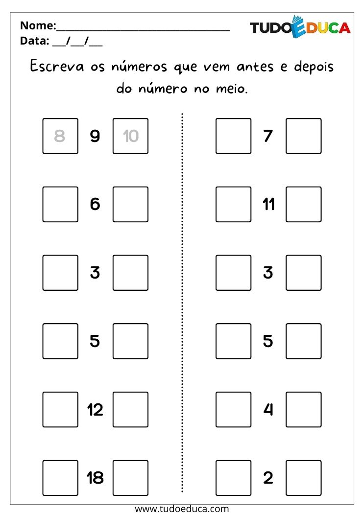 Atividades de matemática para alunos com deficiência intelectual escreva os números que vem antes e depois para imprimir