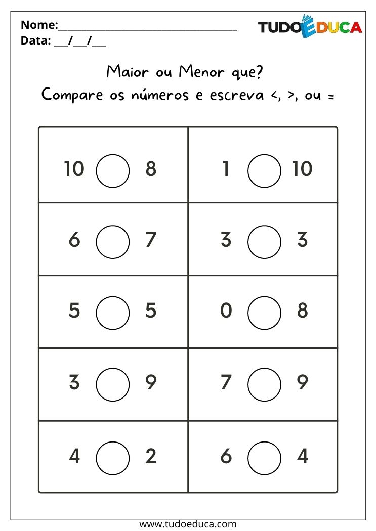 Atividades de matemática para alunos com deficiência intelectual maior ou menor que para imprimir