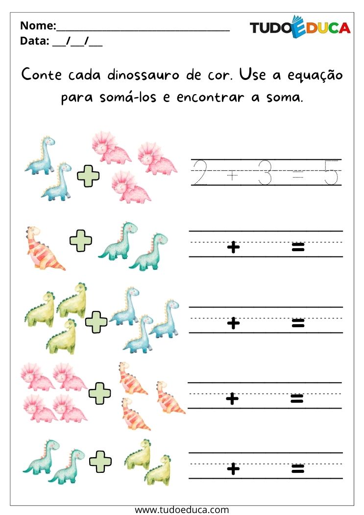 Atividades de matemática para alunos com deficiência intelectual soma dos dinossauros para imprimir