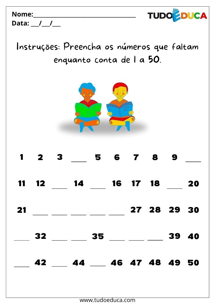 Atividade de matemática para alunos especiais preencha a contagem do número 1 ao 50 para imprimir