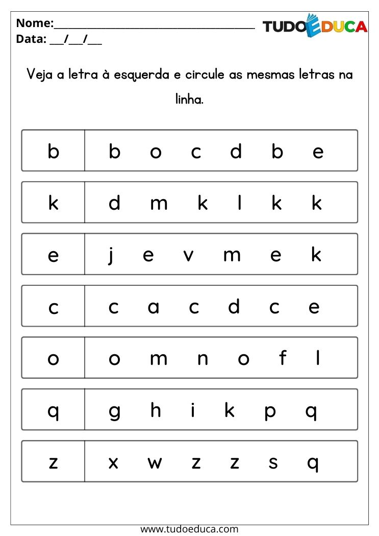 Atividades de português para alunos com TDAH circule as letras iguais a primeira de cada linha para imprimir