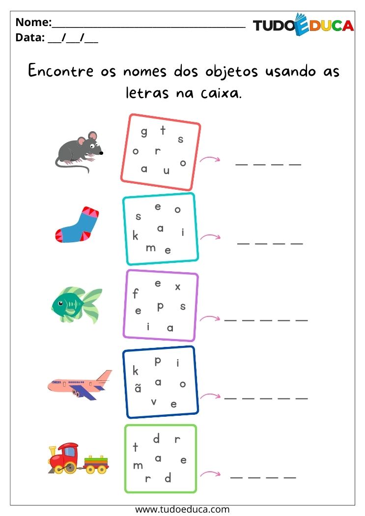 Atividades de português para alunos com TDAH encontre o nome dos objetos e escreva as palavras para imprimir