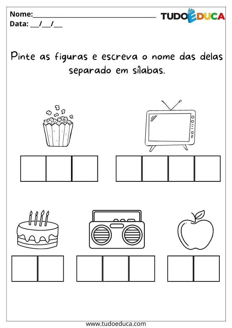 Atividades de português para alunos com TDAH escreva o nome das figuras separados em sílabas para imprimir