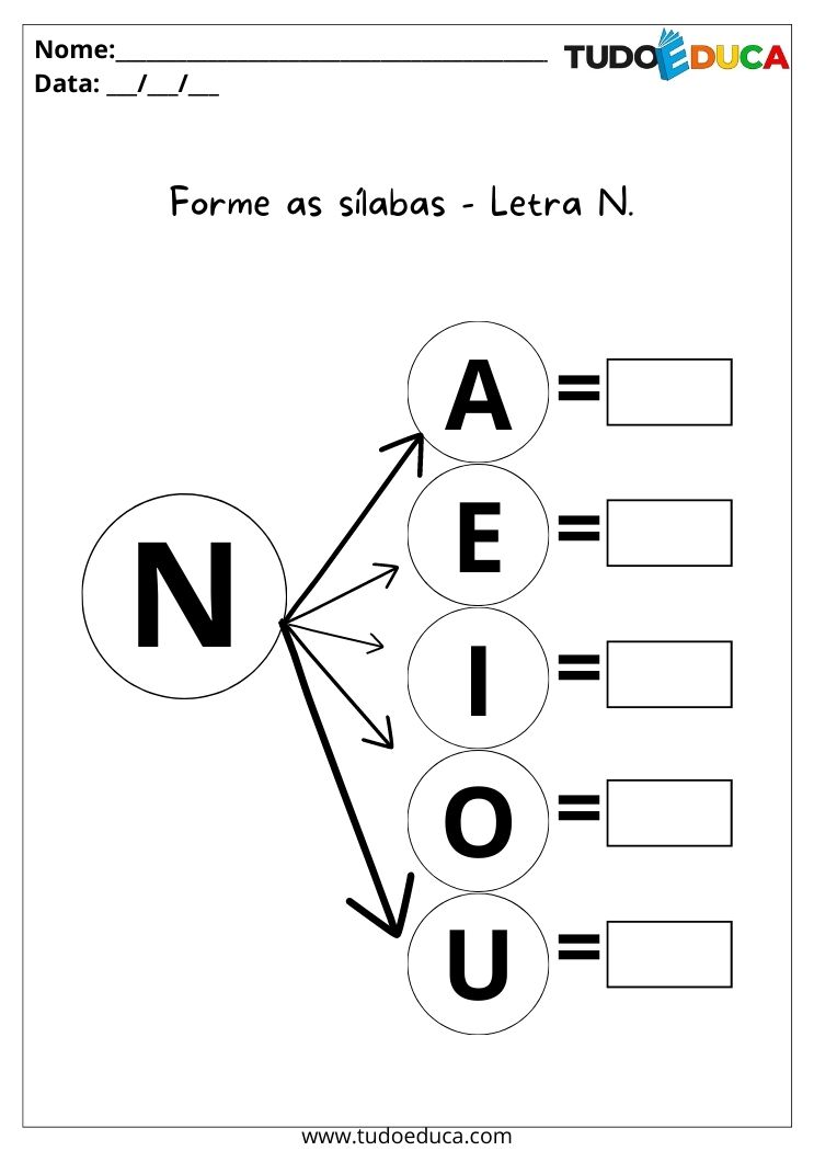 Atividades de português para alunos com TDAH forme as sílabas com a letra N para imprimir