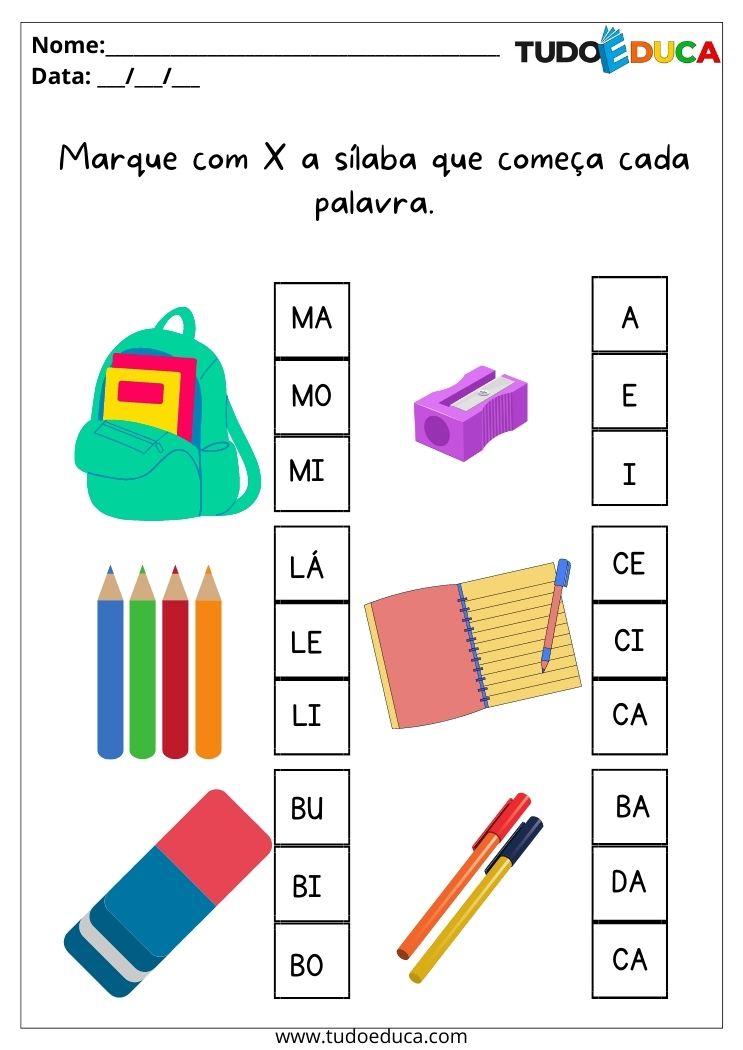 Atividades de português para alunos com TDAH marque com X a sílaba inicial de cada palavra para imprimir