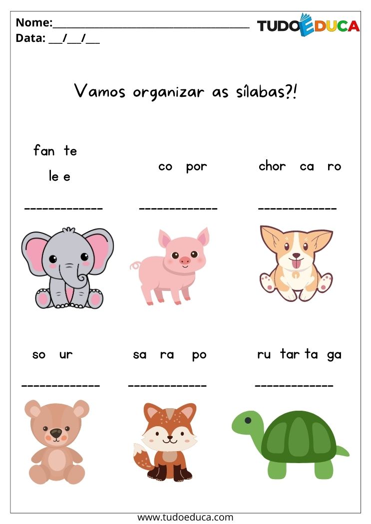 Atividades de português para alunos com TDAH organize as sílabas e forme as palavras para imprimir