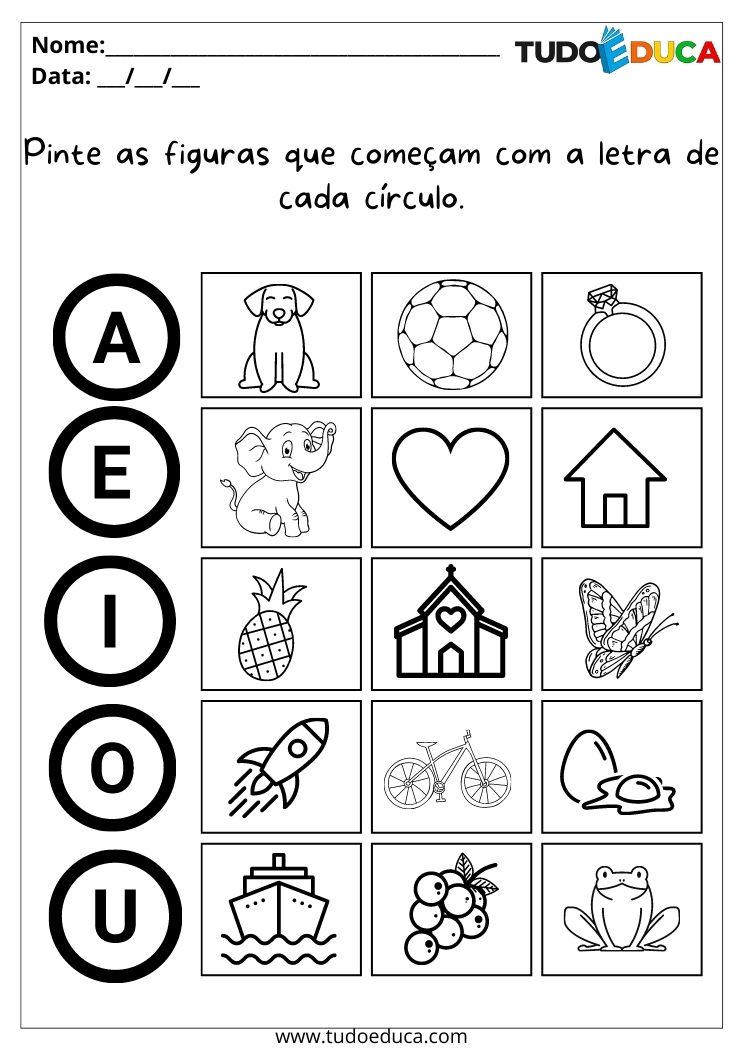 Atividades de português para alunos com TDAH pinte as figuras que começam com a letra de cada círculo para imprimir