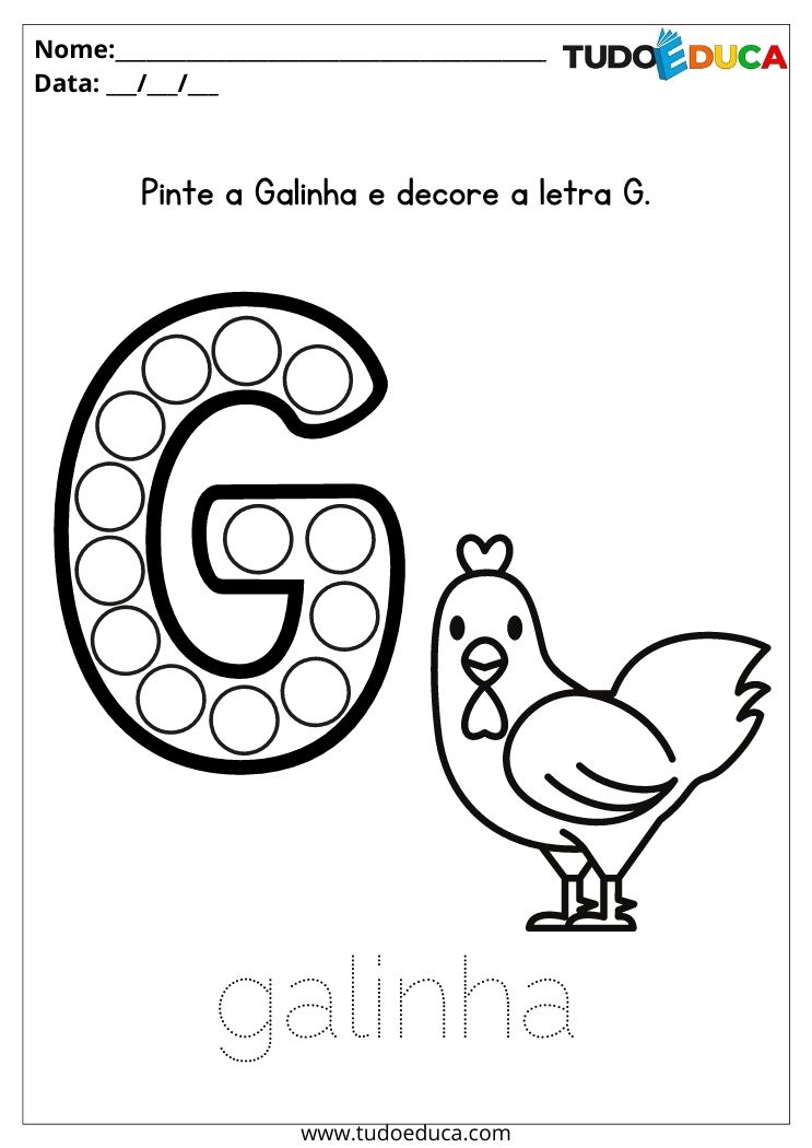 Atividades de português para alunos com TDAH pinte e decore a letra G para imprimir
