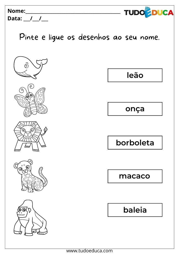Atividades de português para alunos com TDAH pinte e ligue os desenhos ao seu nome para imprimir