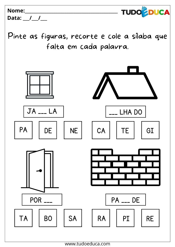 Atividades de português para alunos com TDAH recorte e cole a sílaba que falta em cada palavra para imprimir