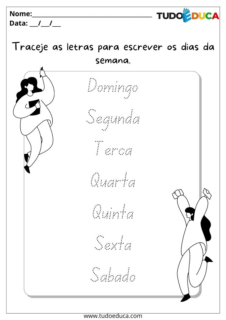Atividades de português para alunos com TDAH trace os dias da semana para imprimir