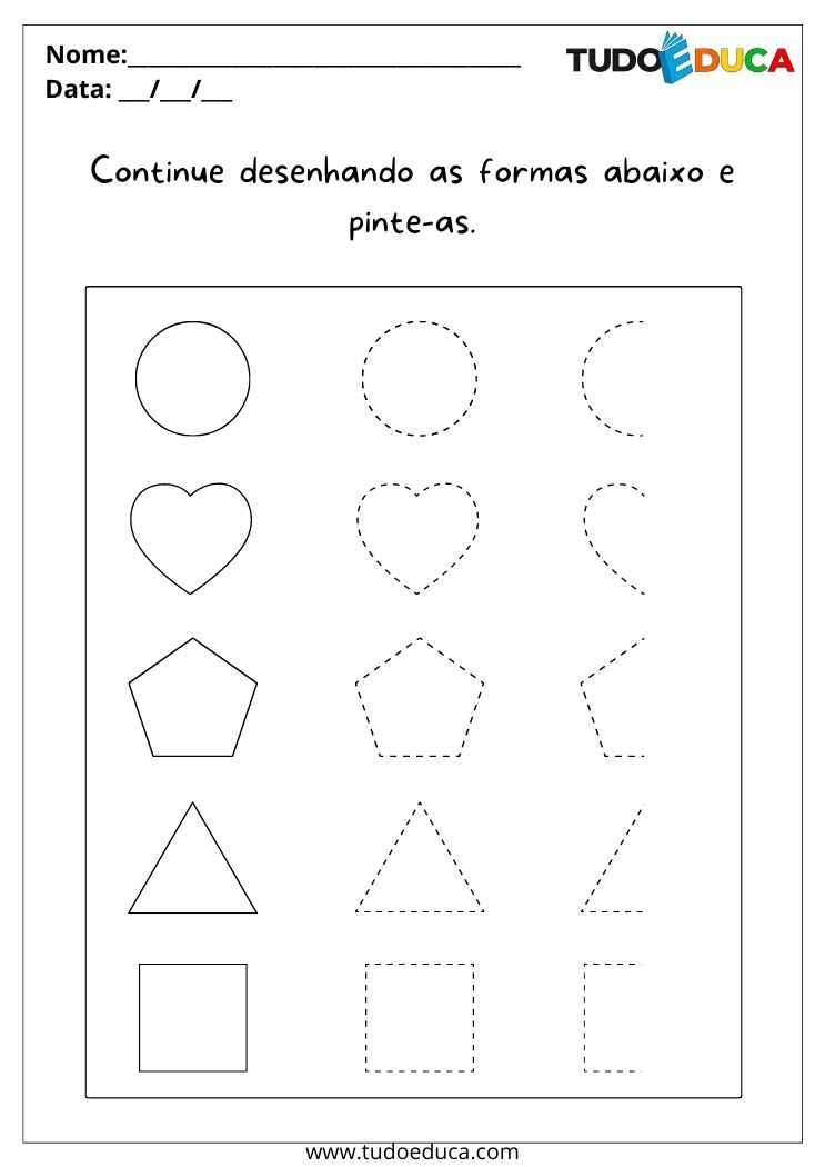 Atividades para alunos com TDAH continue desenhando as formas geométricas e pinte-as para imprimir