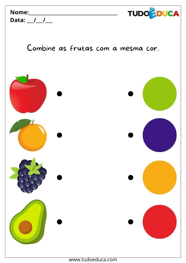Atividades para alunos com deficiência intelectual combine as frutas com a cor do círculo para imprimir