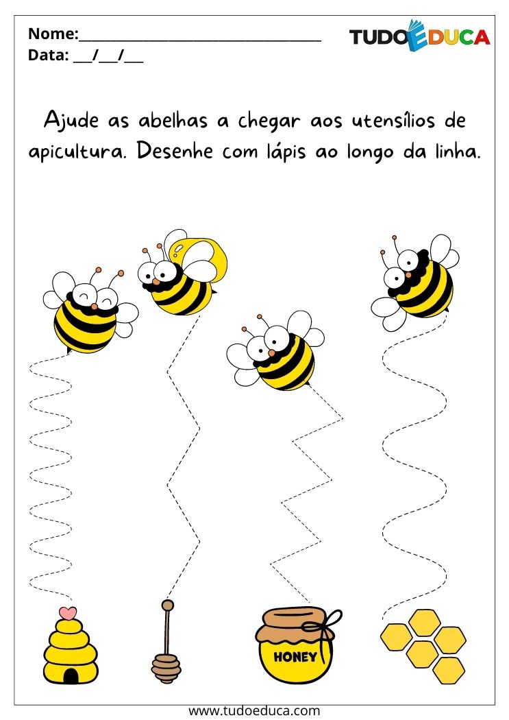 Atividades para alunos com deficiência intelectual trace a linha entre as abelhas e os utensílios para imprimir