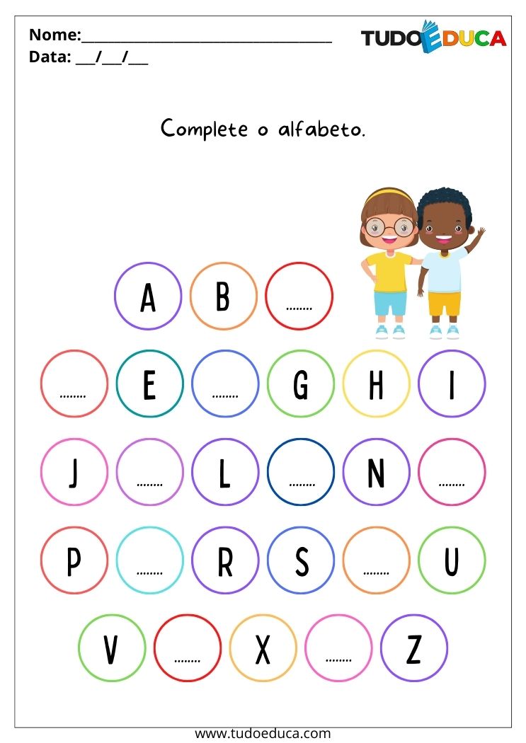 Atividade adaptada para alunos com autismo complete o alfabeto