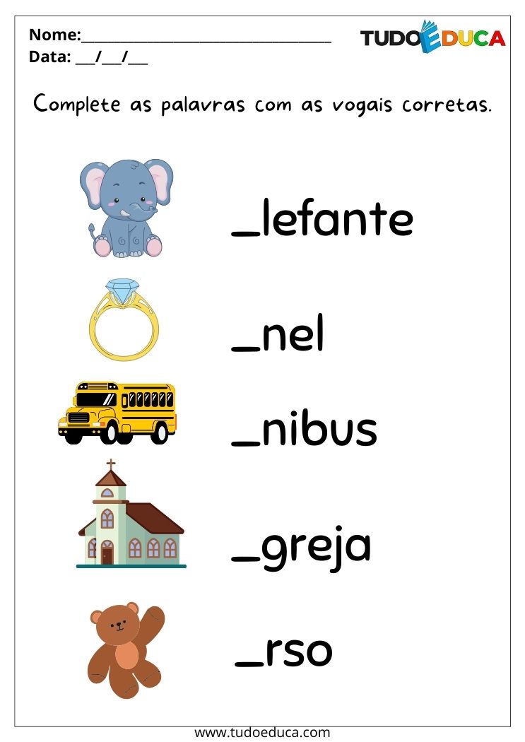 Atividade com vogais complete as palavras com as vogais corretas para autistas