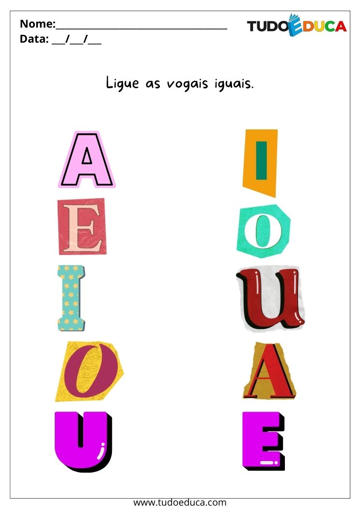 Atividade com vogais ligue as vogais iguais para autistas