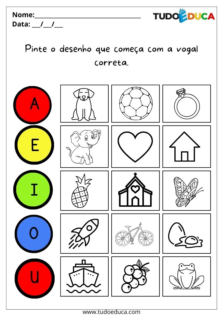 Atividade com vogais pinte o desenho que começa com a vogal para autistas