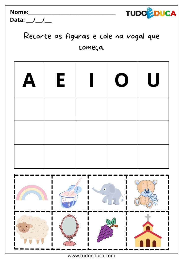 Atividade com vogais recorte as figuras e cole na letra inicial correta para autistas