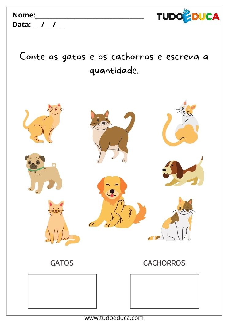 Atividade conte e escreva a quantidade de gatos e de cachorros para Crianças Autistas