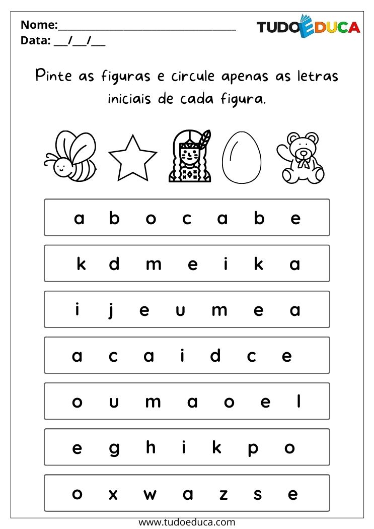 Atividade de alfabetização para autismo circule apenas as letras iniciais das figuras para imprimir