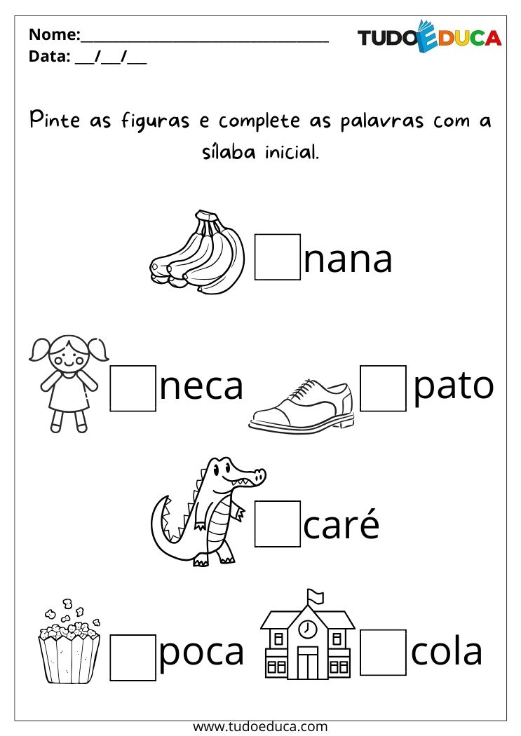 Atividade de alfabetização para autismo complete a palavra com a sílaba inicial