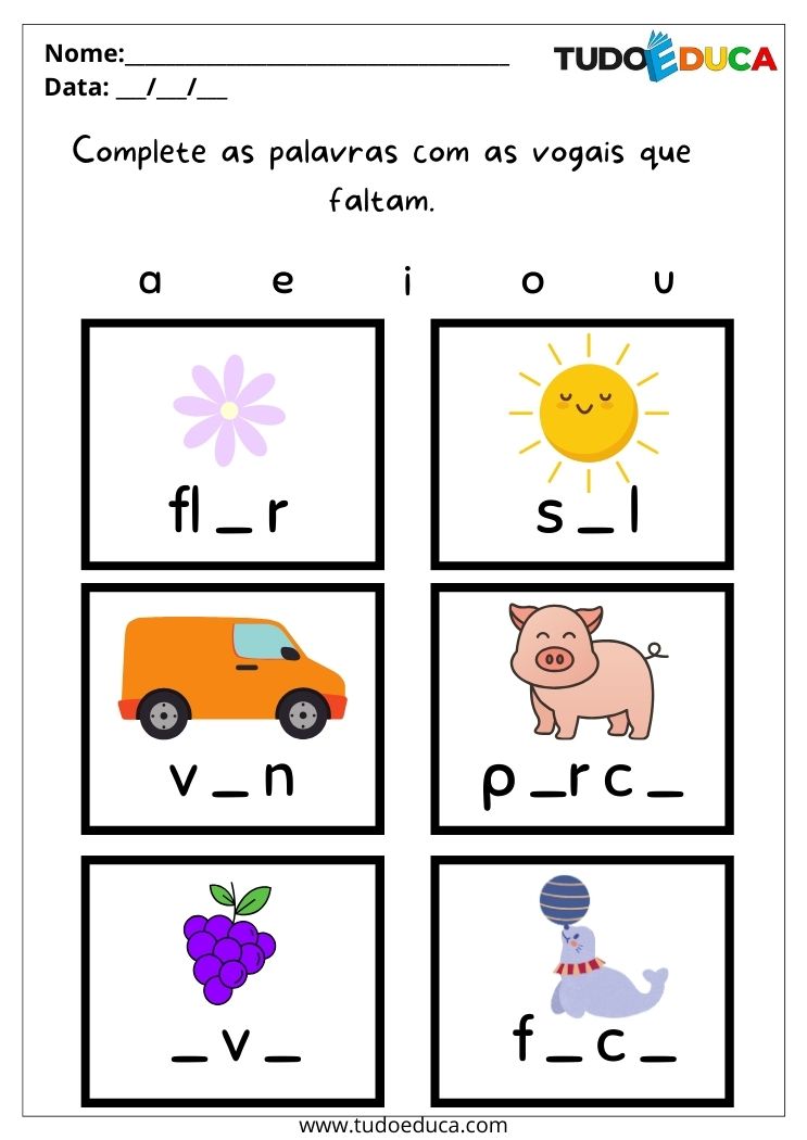 Atividade de alfabetização para autismo complete as palavras com as vogais que faltam para imprimir