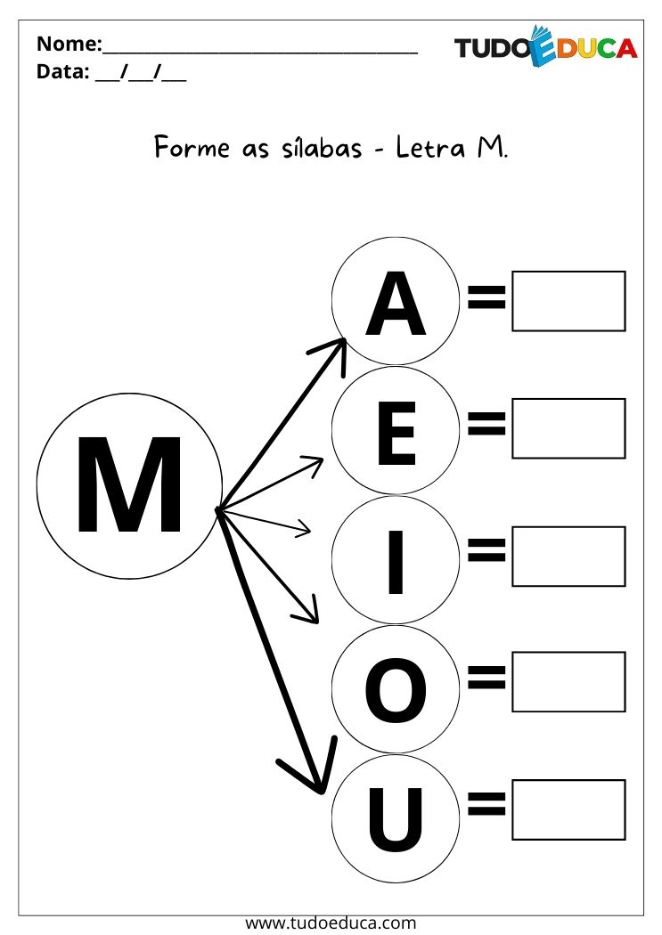 Atividade de alfabetização para autismo forme as sílabas com a letra M para imprimir