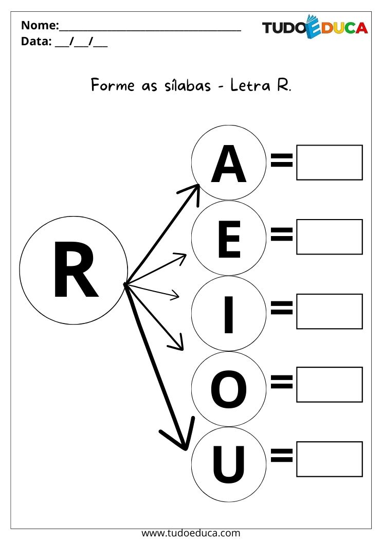 Atividade de alfabetização para autismo forme as sílabas com a letra R para imprimir