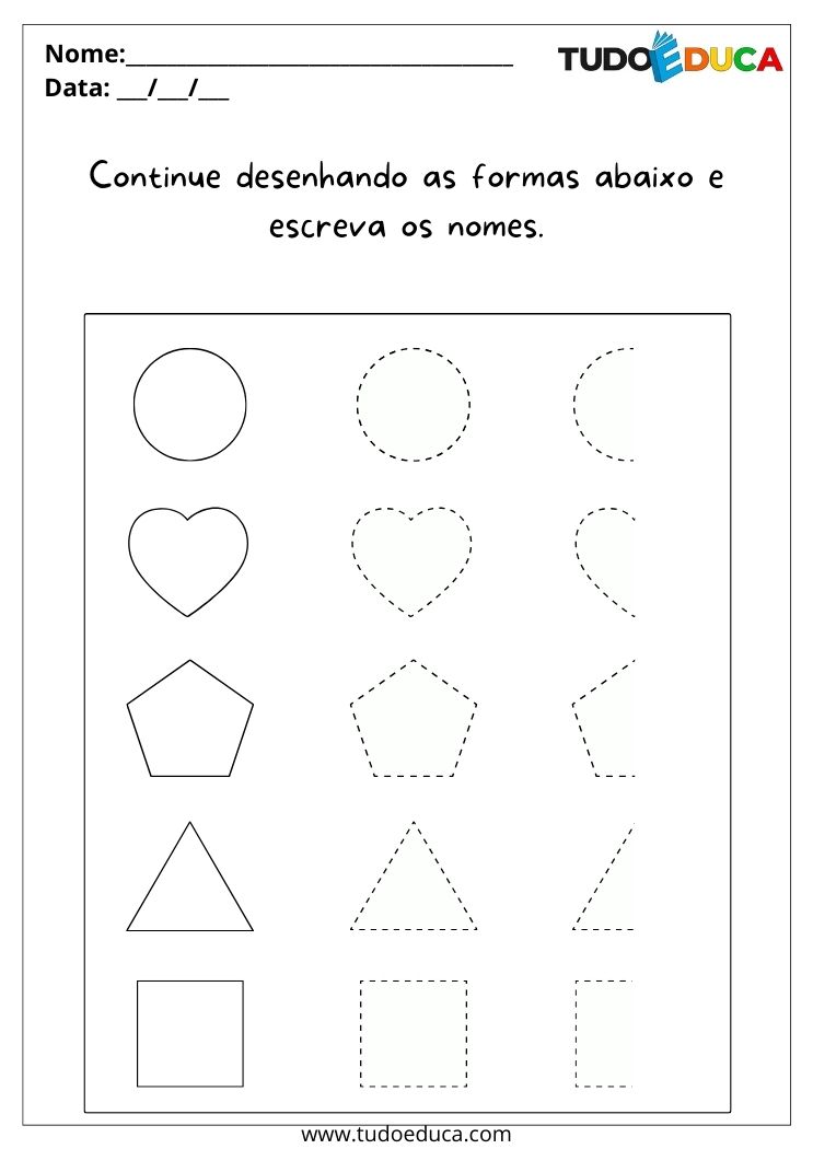 Atividade de coordenação motora para autismo desenhe as formas e escreva os nomes