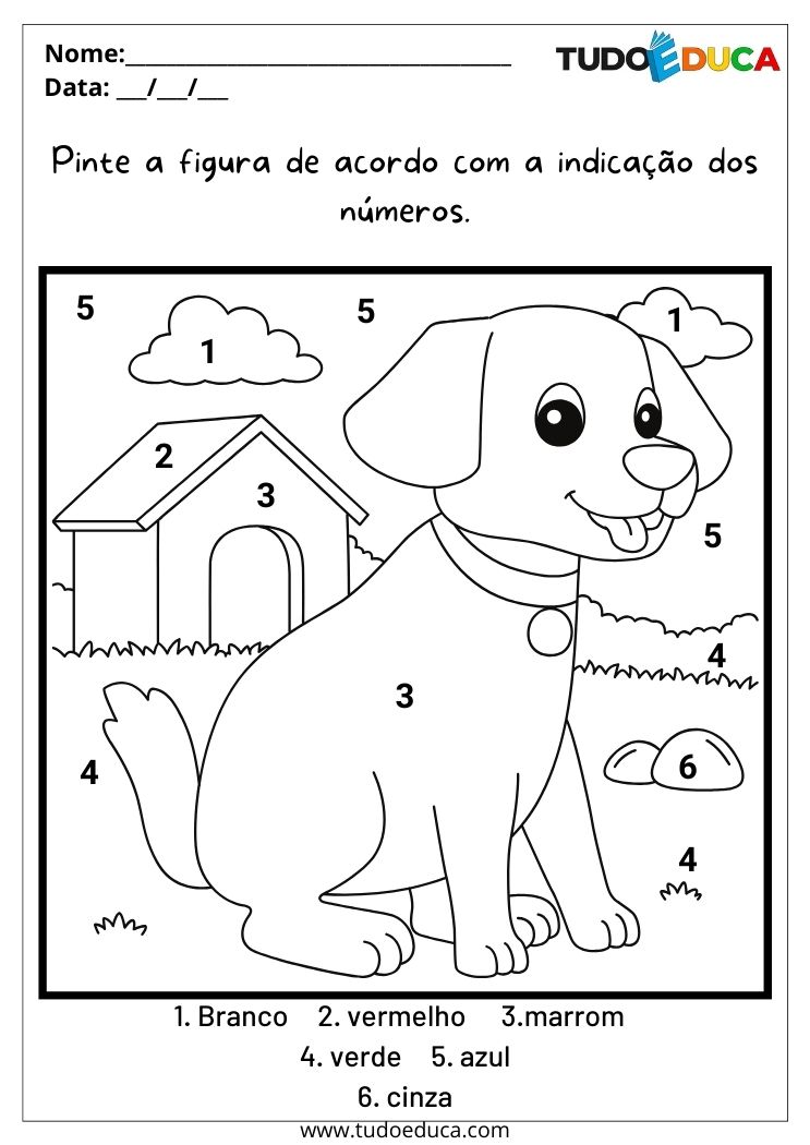 Atividade de pintura para autismo pinte o cachorro conforme a indicação dos números